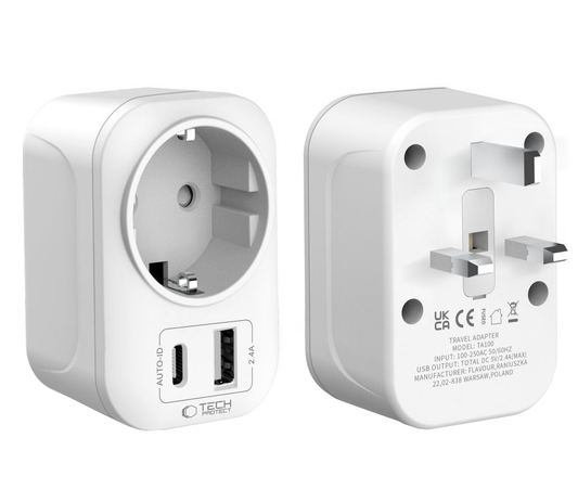 Carregador de Rede Tech-Protect TA100 Travel UK, 20W, 3A, 1 x Schuko - 1 x USB-A - 1 x USB-C, Branco