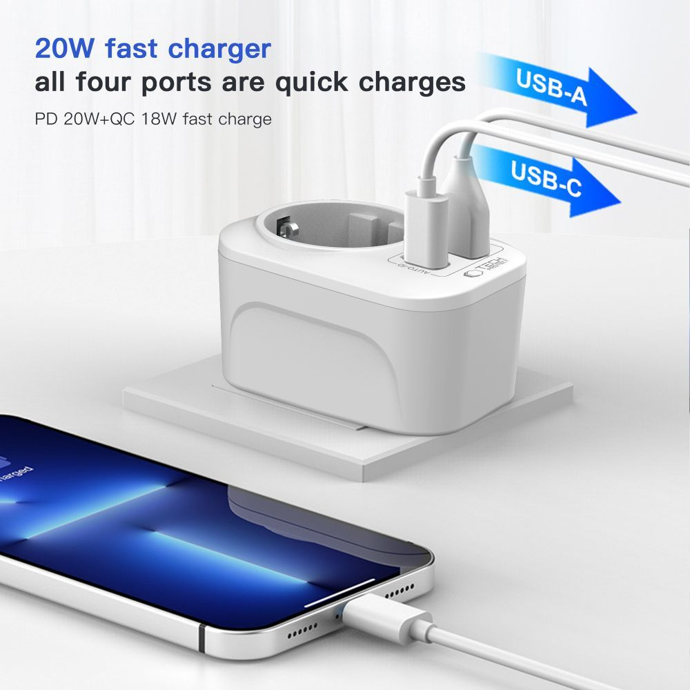 Carregador de Rede Tech-Protect TA100 Travel UK, 20W, 3A, 1 x Schuko - 1 x USB-A - 1 x USB-C, Branco