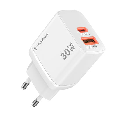 Carregador de Rede Techsuit CH1 Duonix, 30W, 3A, 1 x USB-A - 1 x USB-C, Branco