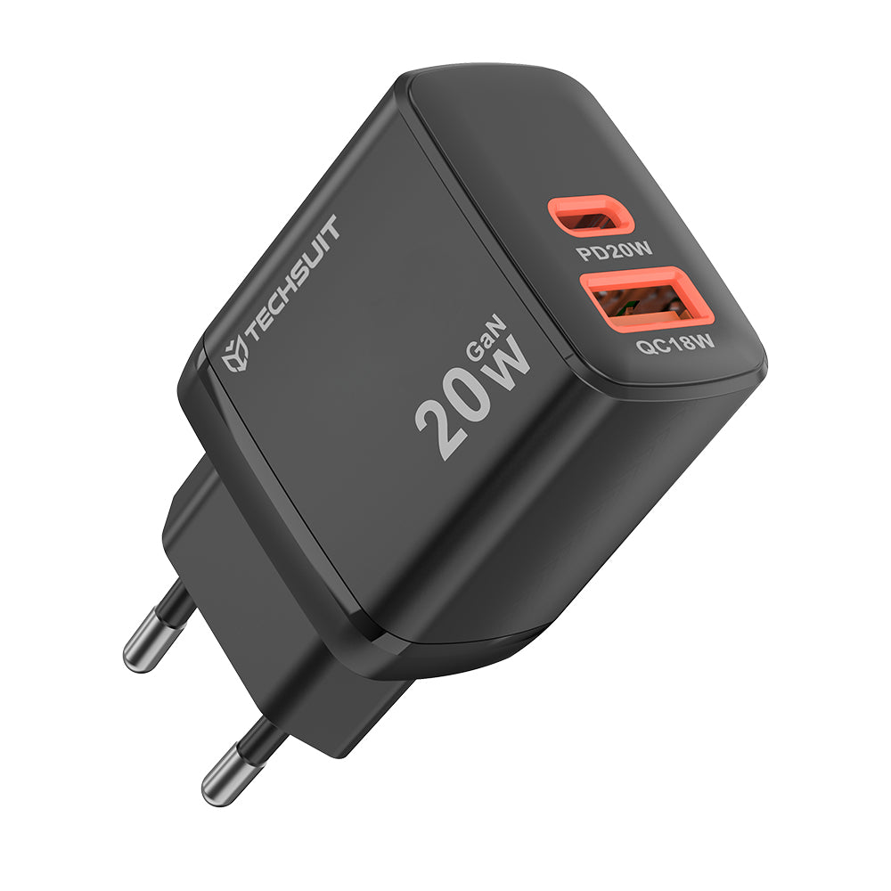 Techsuit CH2 Duonix Network Charger, 20W, 3A, 1 x USB-A - 1 x USB-C, Black