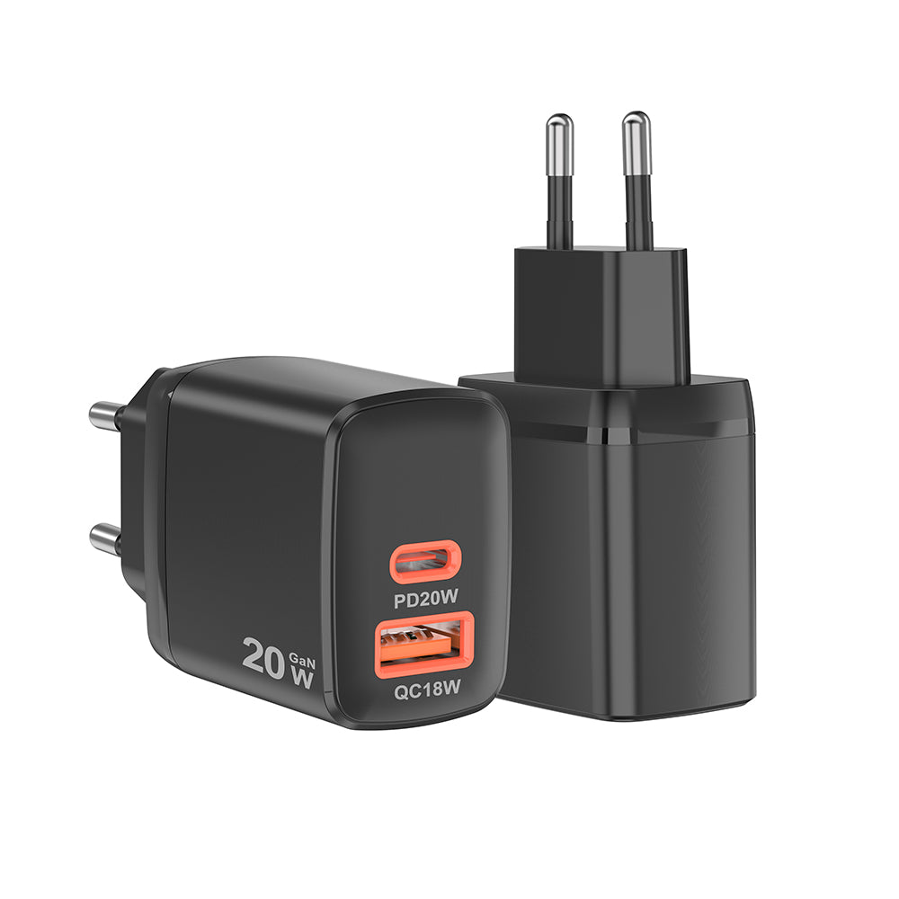 Techsuit CH2 Duonix Network Charger, 20W, 3A, 1 x USB-A - 1 x USB-C, Black