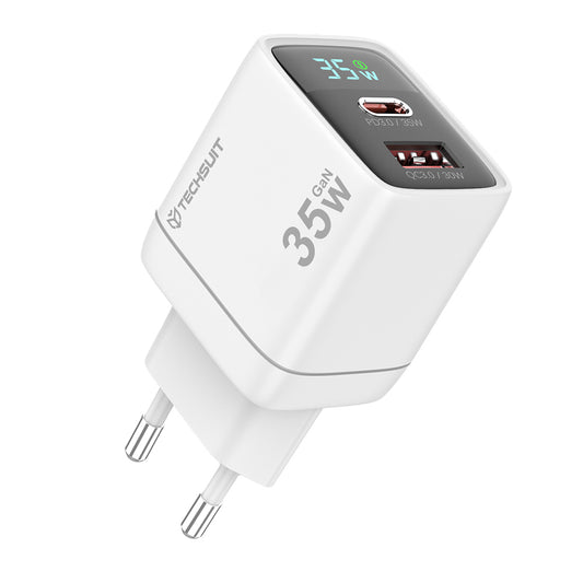 Carregador de Rede Techsuit CH3 LEDChargX Display, 35W, 3A, 1 x USB-A - 1 x USB-C, Branco