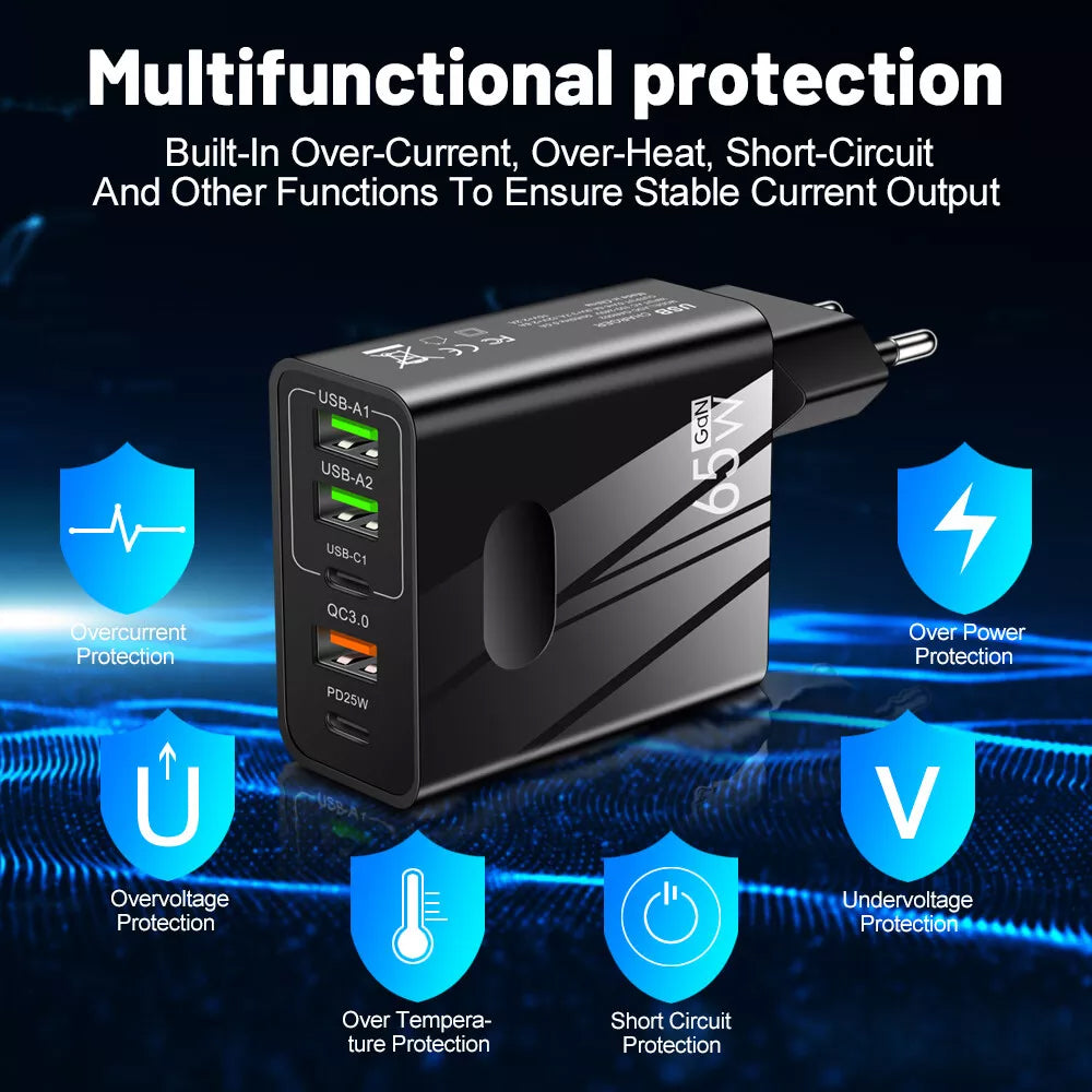 Carregador de Rede Techsuit CHC1 PentaXPower, 25W, 3A, 3 x USB-A - 2 x USB-C, Preto