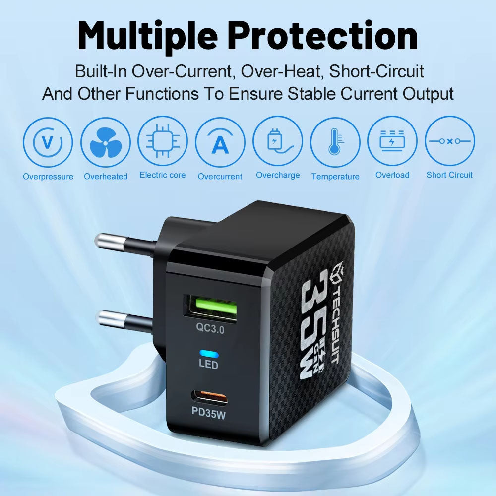 Carregador de Rede Techsuit CHPD173 Tiny, 35W, 3A, 1 x USB-A - 1 x USB-C, Preto