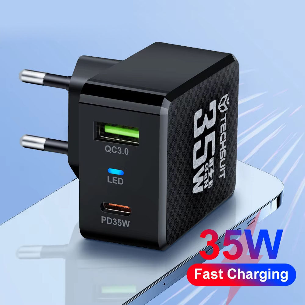 Carregador de Rede Techsuit CHPD173 Tiny, 35W, 3A, 1 x USB-A - 1 x USB-C, Preto