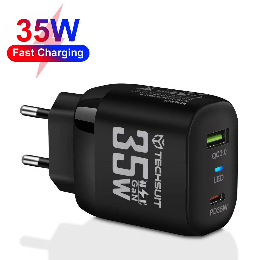 Carregador de Rede Techsuit CHPD174, 35W, 3A, 1 x USB-A - 1 x USB-C, Preto
