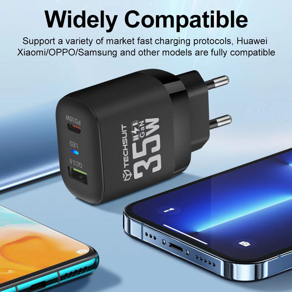 Carregador de Rede Techsuit CHPD174, 35W, 3A, 1 x USB-A - 1 x USB-C, Preto