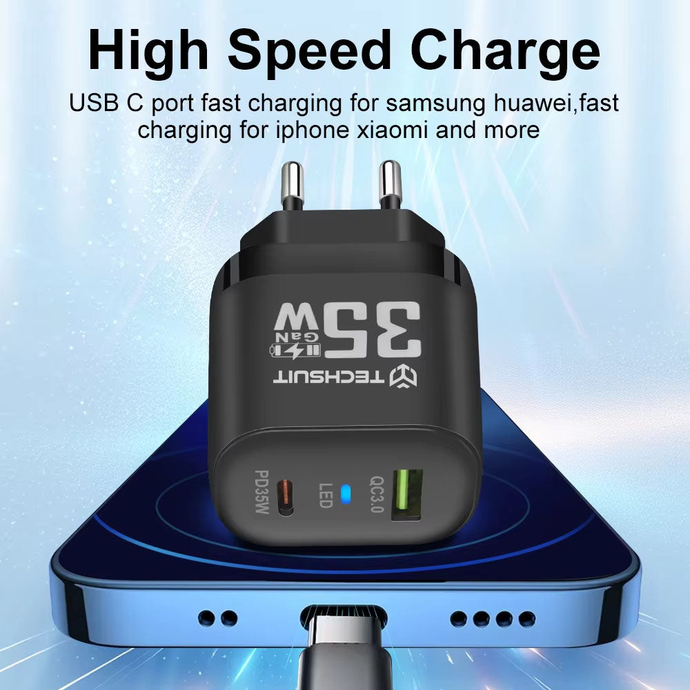 Carregador de Rede Techsuit CHPD174, 35W, 3A, 1 x USB-A - 1 x USB-C, Preto