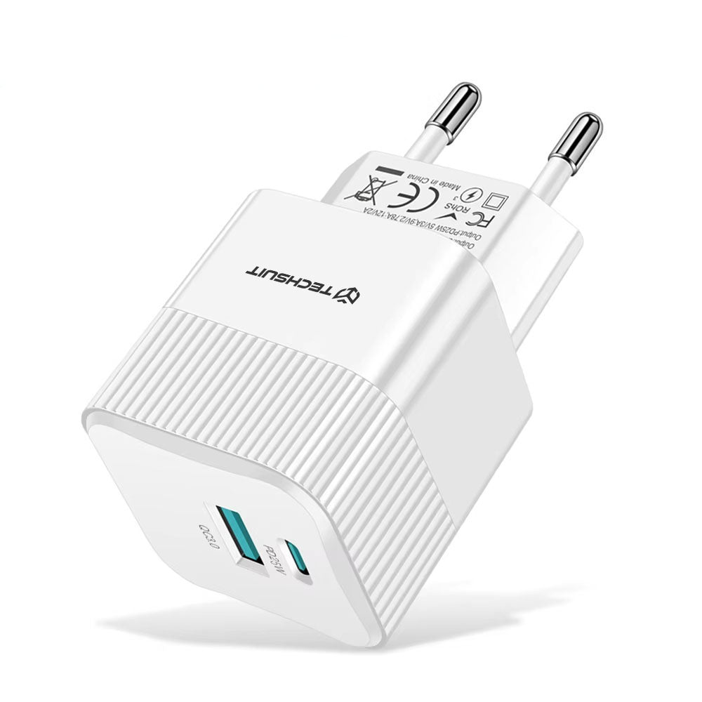 Carregador de Rede Techsuit CHPD216 Tiny, 25W, 3A, 1 x USB-A - 1 x USB-C, Branco