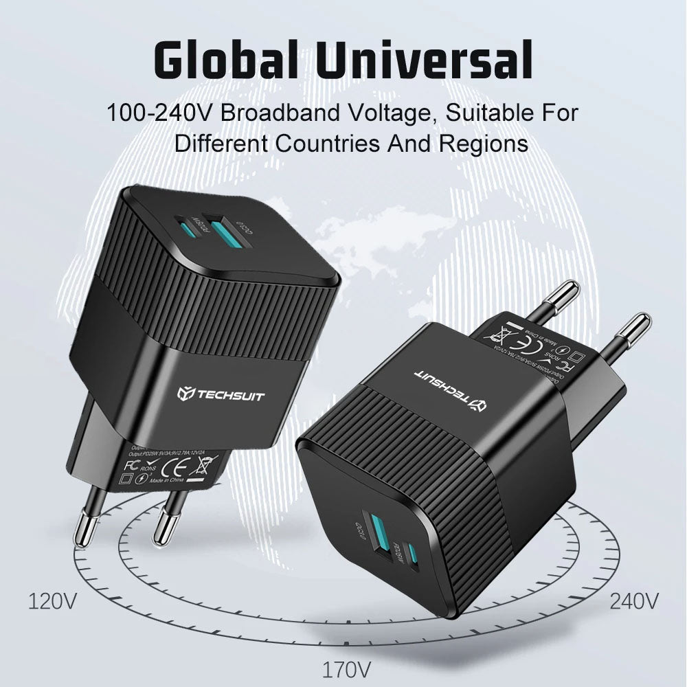 Carregador de Rede Techsuit CHPD216 Tiny, 25W, 3A, 1 x USB-A - 1 x USB-C, Preto