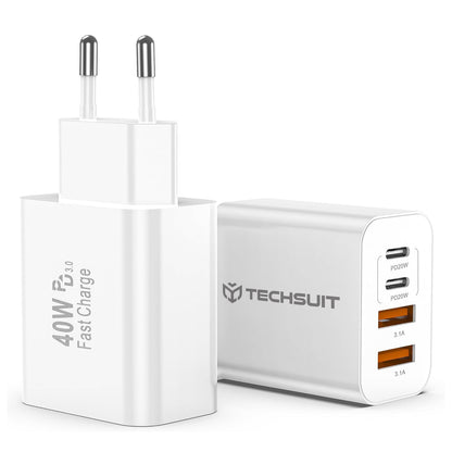 Carregador de Rede Techsuit PowerXQuad CH4, 40W, 3A, 2 x USB-A - 2 x USB-C, Branco