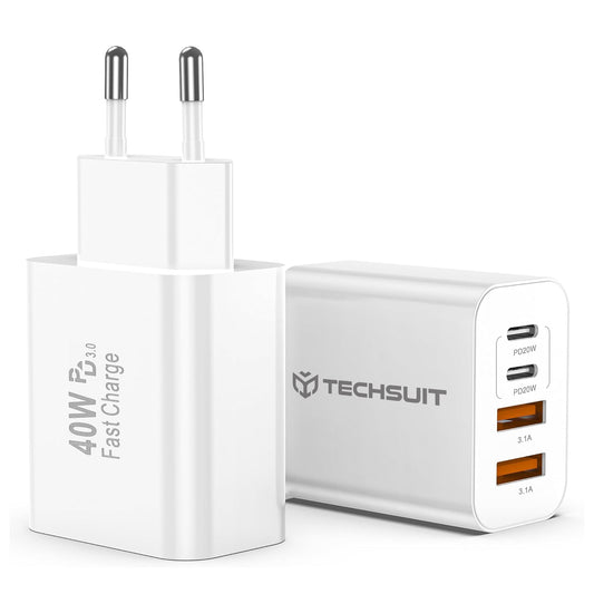 Carregador de Rede Techsuit PowerXQuad CH4, 40W, 3A, 2 x USB-A - 2 x USB-C, Branco