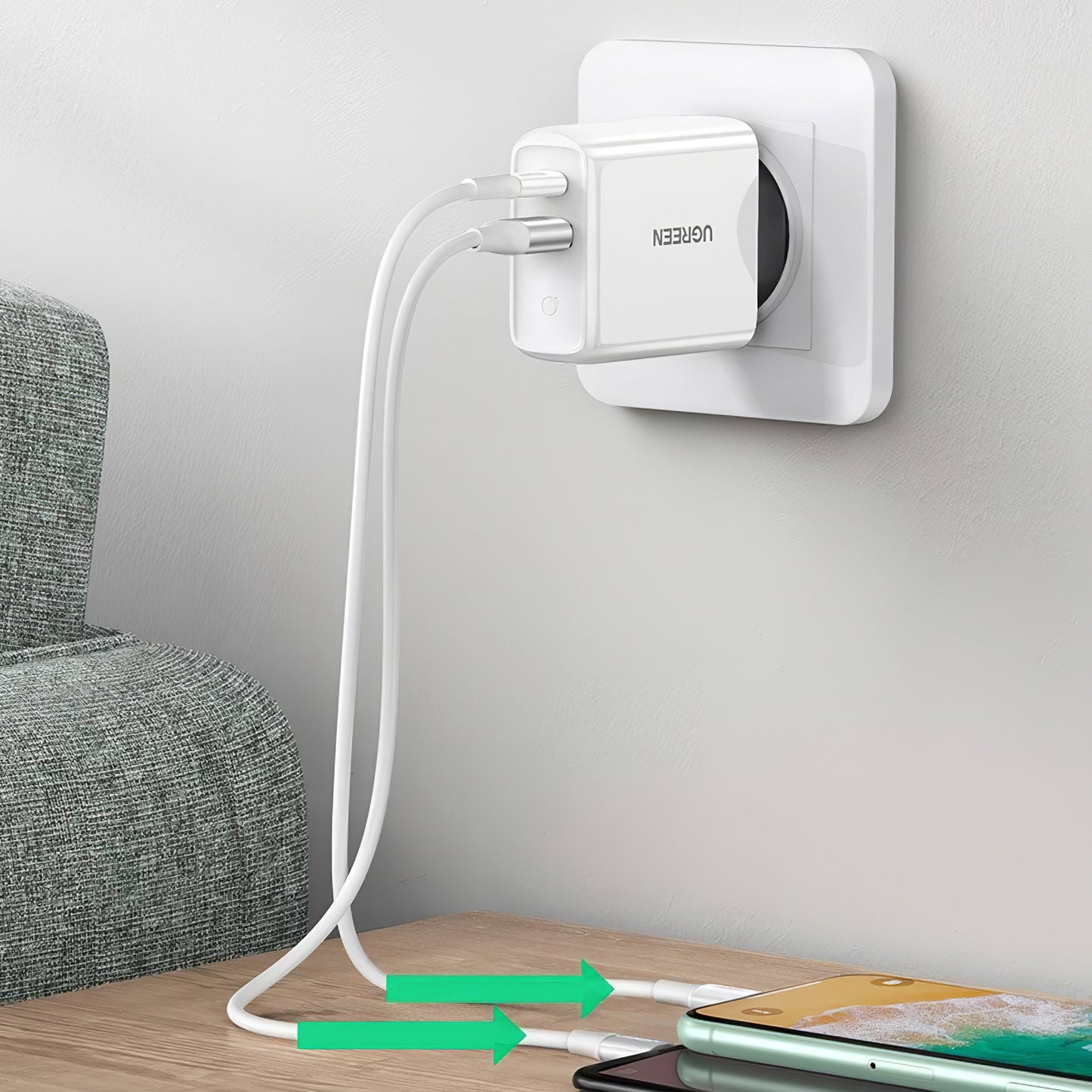 Carregador de rede UGREEN CD170, 36W, 3A, 1 x USB-A - 1 x USB-C, branco 