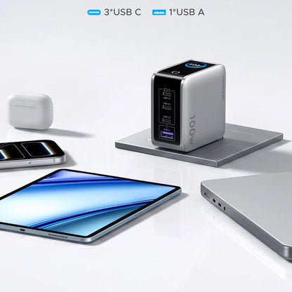 Carregador de rede UGREEN Nexode Pro X772 (95942B) com ecrã, 100 W, 5 A, 1 x USB-A - 3 x USB-C, Cinzento