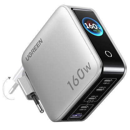 Carregador de rede UGREEN Nexode Pro X774 (65637B) com ecrã, 160 W, 5 A, 1 x USB-A - 4 x USB-C, Cinzento