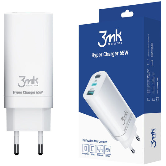Carregador de Rede 3MK HyperCharger, 65W, 5A, 1 x USB-A - 2 x USB-C, Branco