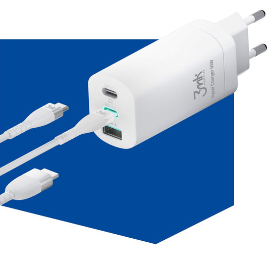 Carregador de Rede 3MK HyperCharger, 65W, 5A, 1 x USB-A - 2 x USB-C, Branco