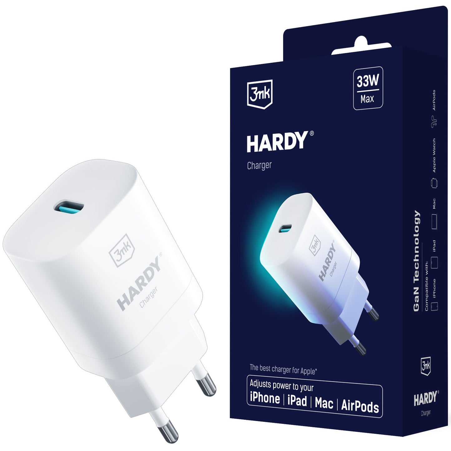 Carregador de rede 3MK Hardy GaN, 33W, 3A, 1 x USB-C, branco