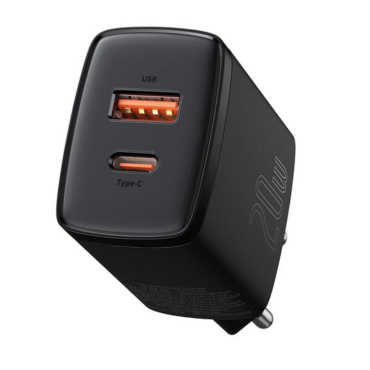 Carregador de rede compacto Baseus, 20W, 3A, 1 x USB-A - 1 x USB-C, preto CCXJ-B01