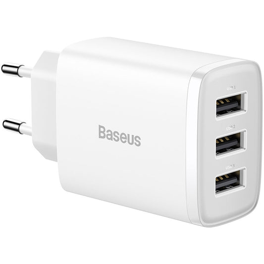 Carregador de rede compacto Baseus 3U, 17W, 2.1A, 3 x USB-A, branco CCXJ020102