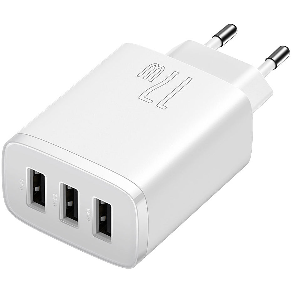 Carregador de rede compacto Baseus 3U, 17W, 2.1A, 3 x USB-A, branco CCXJ020102