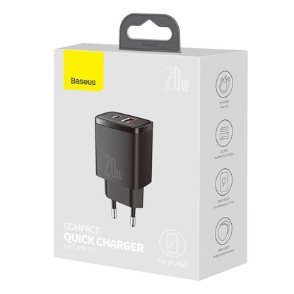 Carregador de rede compacto Baseus, 20W, 3A, 1 x USB-A - 1 x USB-C, preto CCXJ-B01