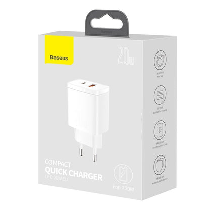 Carregador de rede compacto Baseus, 20W, 3A, 1 x USB-A - 1 x USB-C, branco CCXJ-B02