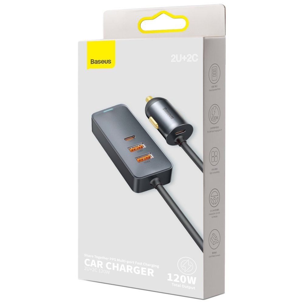 Carregador de automóvel Baseus Share Together, 120 W, 3 A, 2 x USB-A - 2 x USB-C, cinzento CCBT-A0G