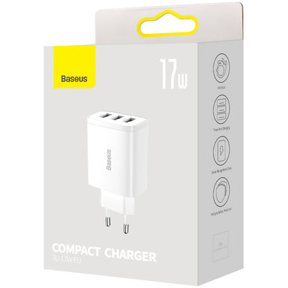 Carregador de rede compacto Baseus 3U, 17W, 2.1A, 3 x USB-A, branco CCXJ020102