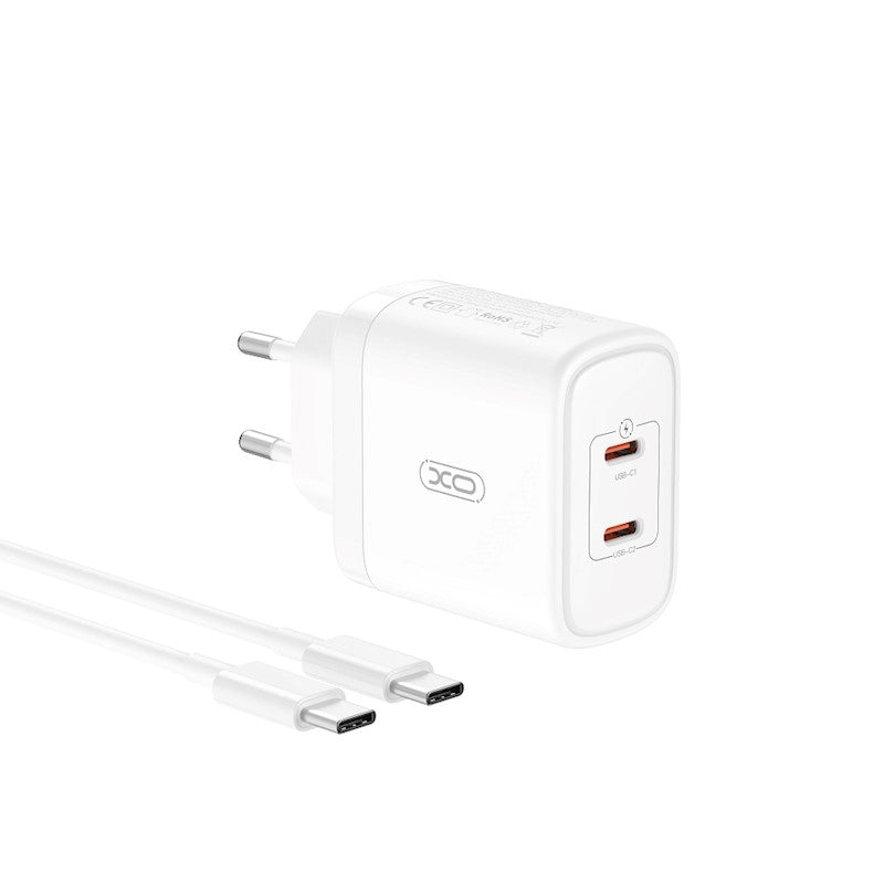 Carregador de rede com cabo USB-C XO Design CE08, 50W, 3A, 2 x USB-C, branco