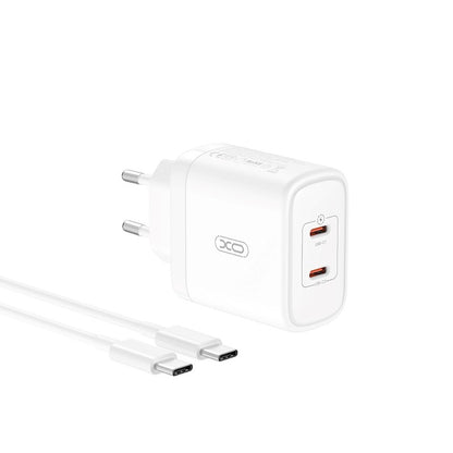 Carregador de rede com cabo USB-C XO Design CE08, 50W, 3A, 2 x USB-C, branco