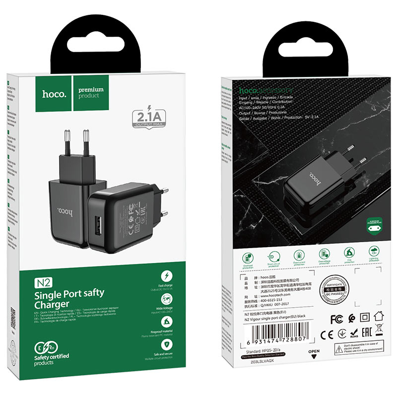 Carregador de rede HOCO N2, 10W, 2A, 1 x USB-A, preto