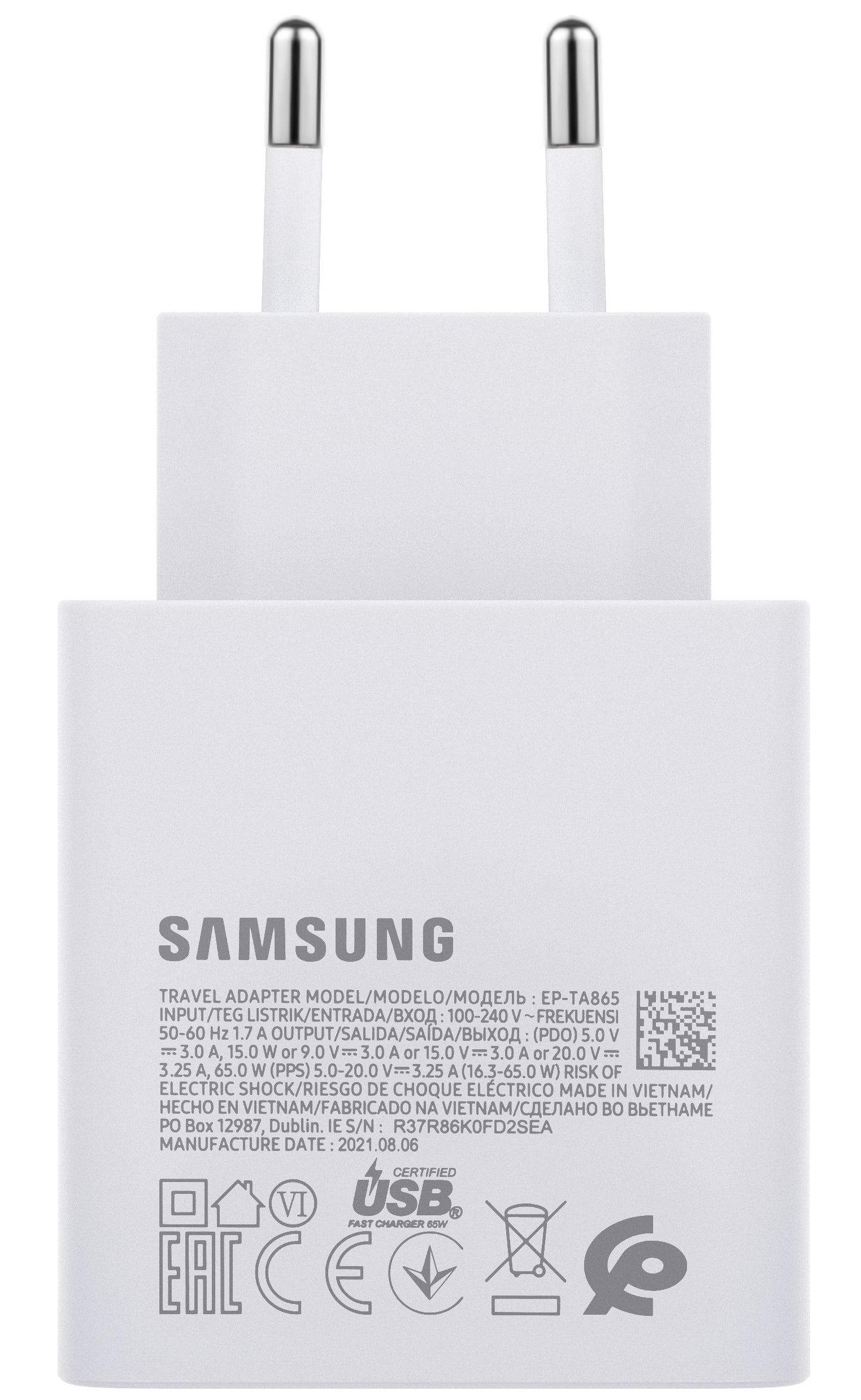 Carregador de rede Samsung EP-TA865W, 65W, 3,25A, 1 x USB-C, branco GP-PTU020SODWQ GP-PTU020SODWQ