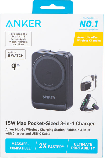 Carregador de Rede Sem Fios Anker MagGo 3in1, 15W, 1.67A, Preto B2557311