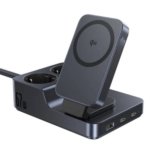 Carregador Estação Baseus Nomos ND11 QI 6in1, 67W, 3.35A, 1 x USB-A - 2 x USB-C - 2 x Schuko, Preto P80015804213-00