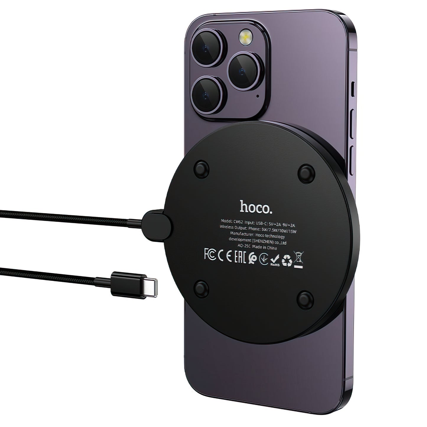 Carregador de Rede Sem Fios HOCO CW62, 15W, 1.67A, Preto
