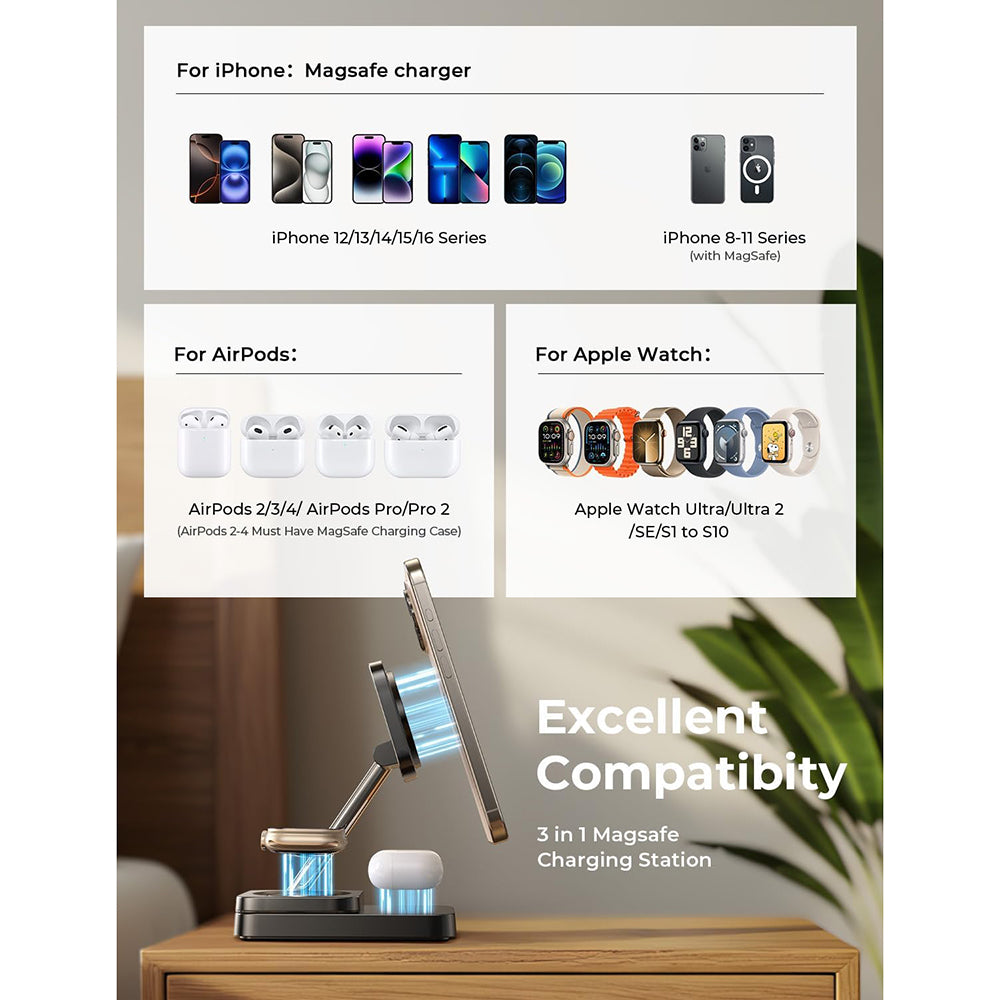 Carregador de Rede Sem Fio Lisen 3 em 1, 15W, 1.67A, Preto YL0424010003