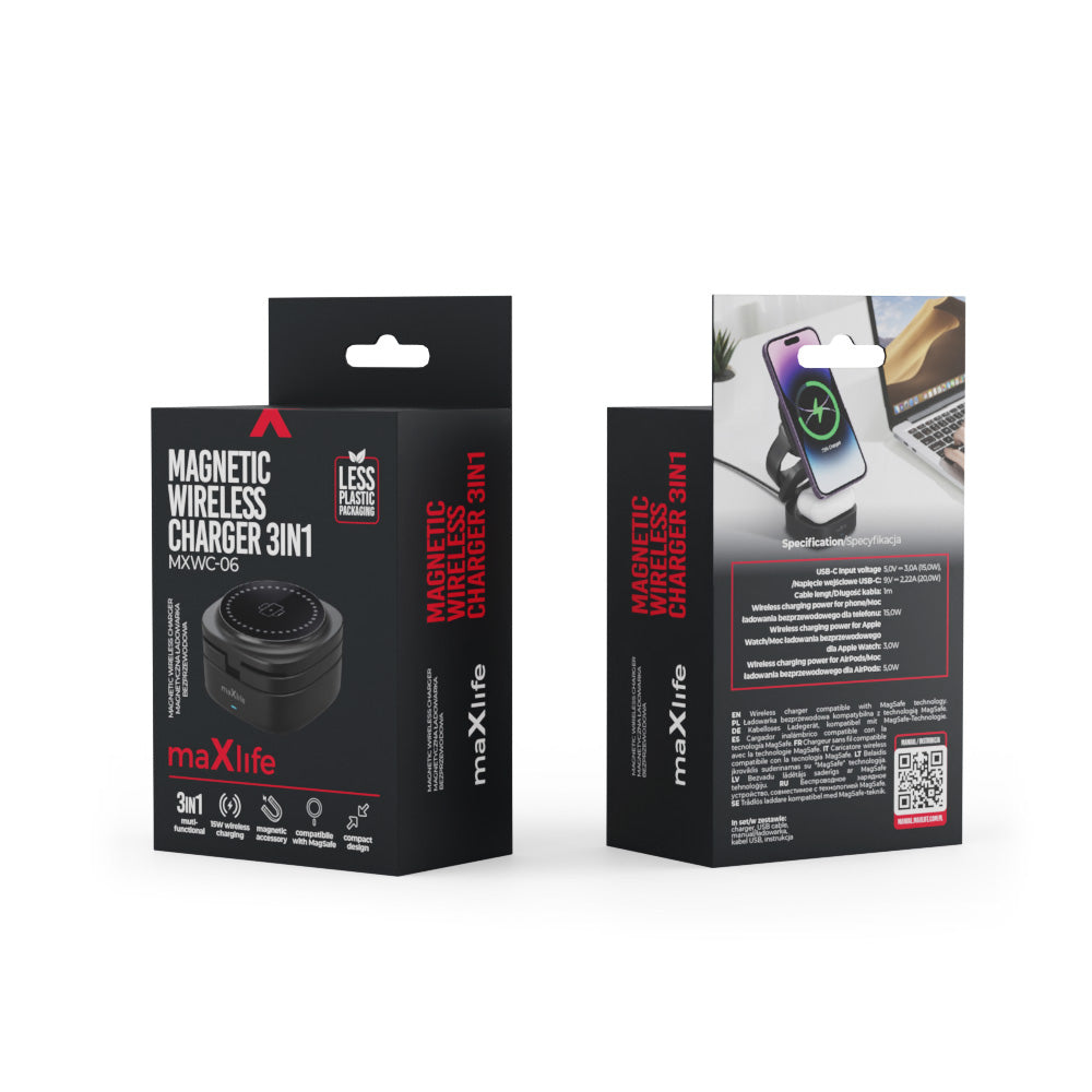 Carregador de Rede Sem Fios MaXlife MXWC-06 3em1, 15W, 1.67A, Preto