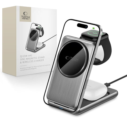 Carregador de Rede Sem Fios Tech-Protect A42 3em1, 15W, 1.67A, Cinzento