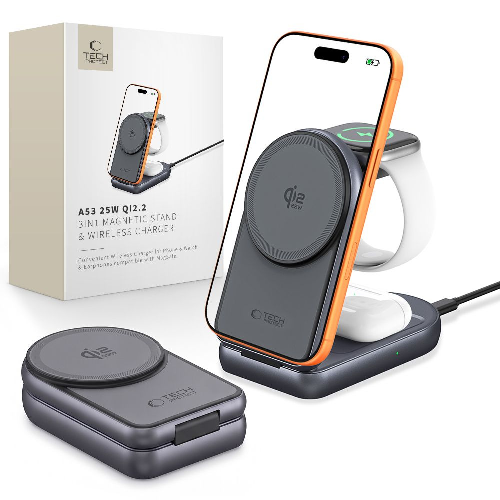 Carregador de Rede Wireless Tech-Protect A53 3em1, 25W, Cinzento