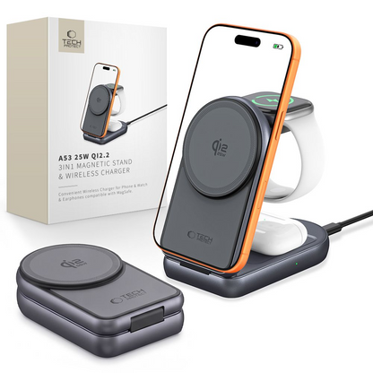Carregador de Rede Wireless Tech-Protect A53 3em1, 25W, Cinzento