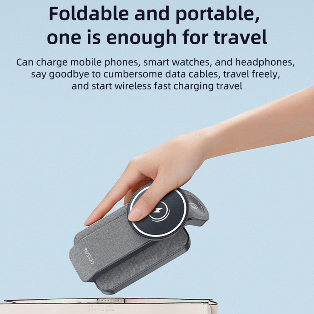 Carregador de Rede Sem Fios Yesido DS26 3em1, 15W, 1.67A, Cinzento