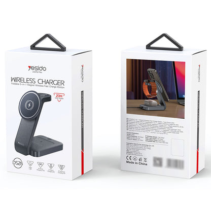 Carregador de Rede Sem Fios Yesido DS26 3em1, 15W, 1.67A, Cinzento