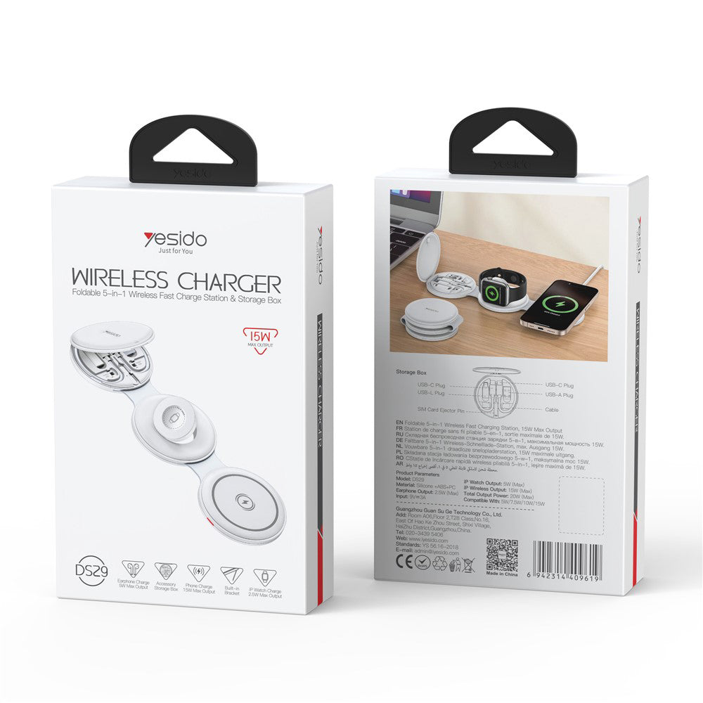 Carregador de Rede Sem Fios Yesido DS29 5in1, 15W, 1.67A, Branco