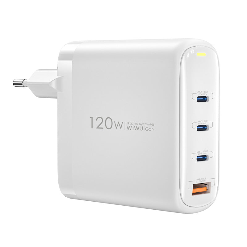 Carregador de rede WiWu Wi-U020, 120W, 3A, 1 x USB-A - 3 x USB-C, branco 