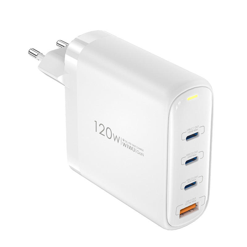 Carregador de rede WiWu Wi-U020, 120W, 3A, 1 x USB-A - 3 x USB-C, branco 