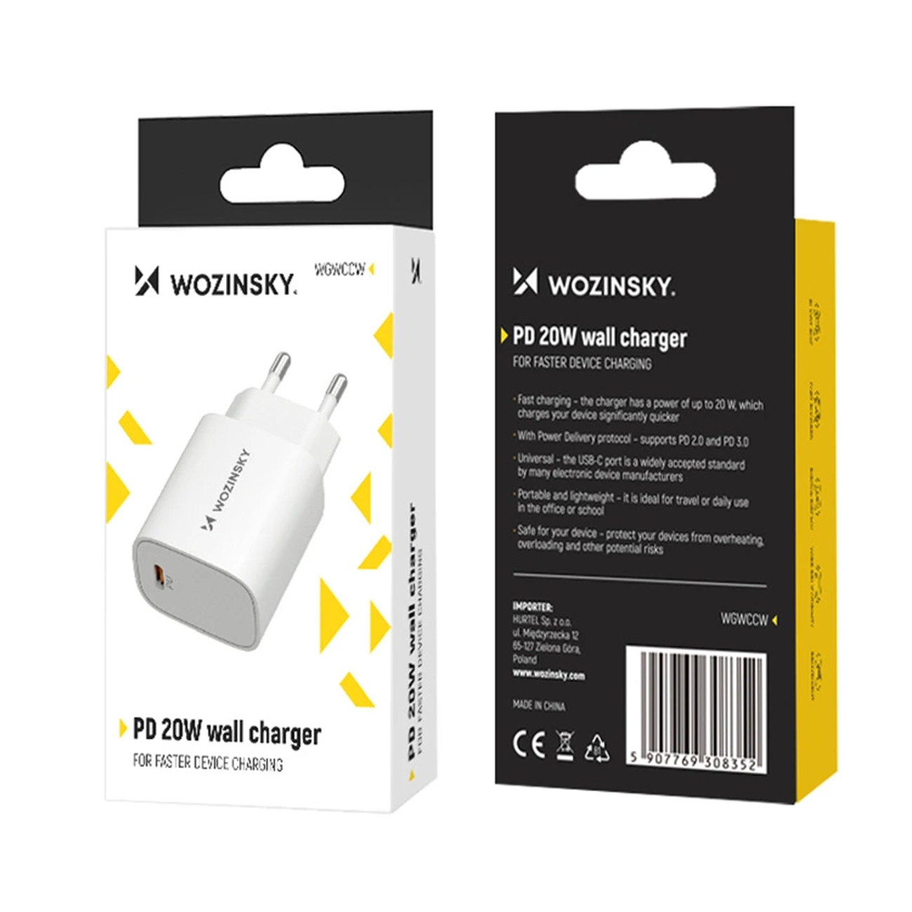Carregador de Rede WZK WGWCCW, 20W, 3A, 1 x USB-C, Branco