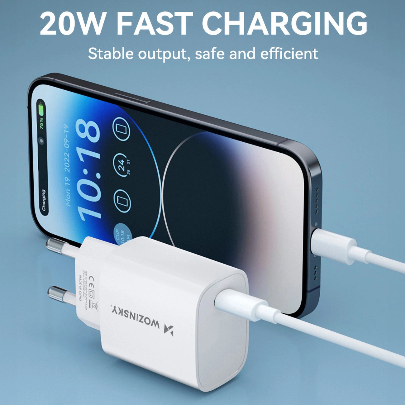 Carregador de Rede WZK WGWCCW, 20W, 3A, 1 x USB-C, Branco