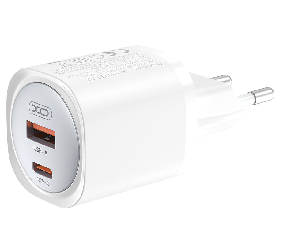 XO Design CE21 Network Charger, 30W, 3A, 1 x USB-A - 1 x USB-C, White