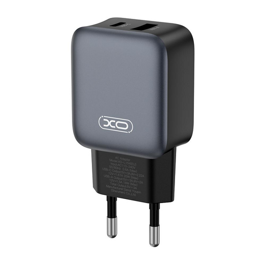 Carregador de Rede XO Design L154, 20W, 3A, 1 x USB-A - 1 x USB-C, Preto